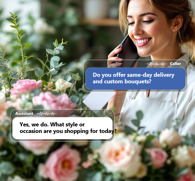 Customers frequently ask about delivery areas, same-day availability, pricing, flower types, custom...