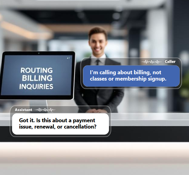 Calls to a gym can involve memberships, class schedules, personal training, billing...